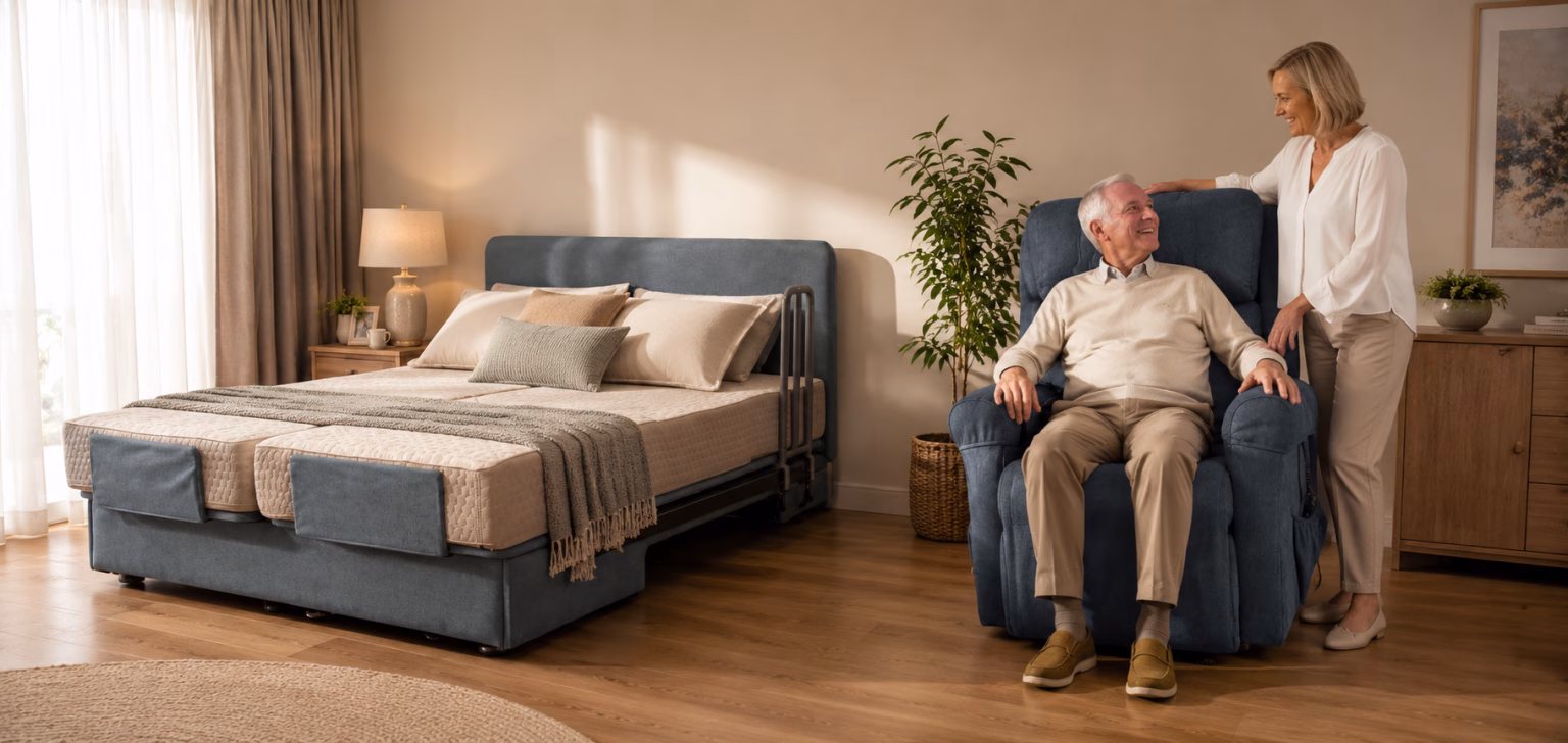Novacorr adjustable bed and lift chair in a home