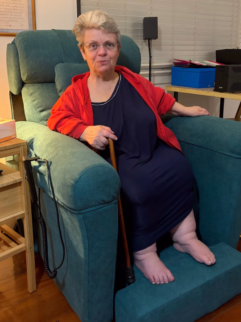 Maree Minter seated in her Novacorr StepUp Lift Chair