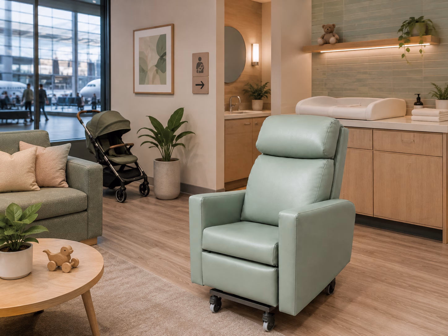 Green breastfeeding chair in a shopping-centre parent room concept
