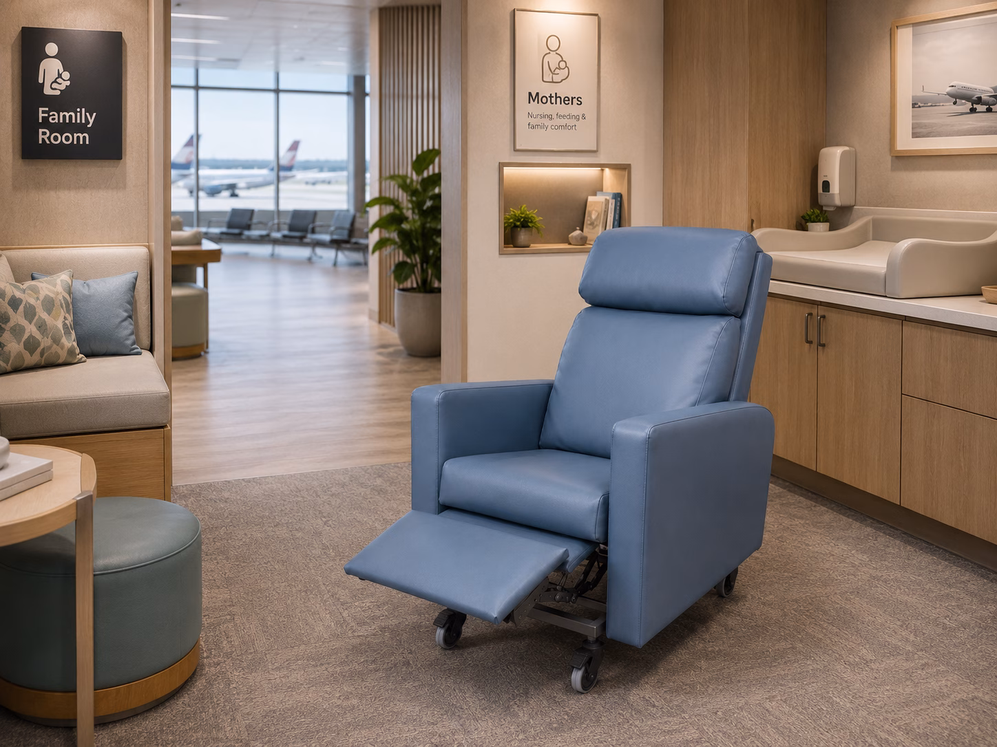 Blue breastfeeding chair with footrest extended in an airport family room concept
