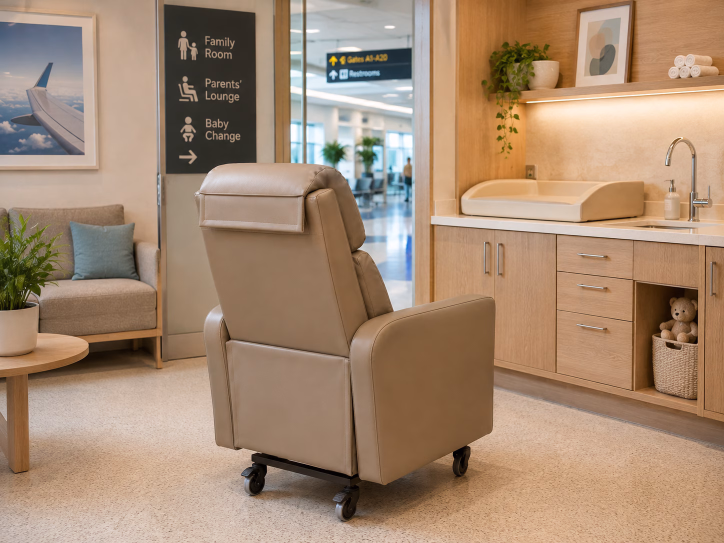 Rear view of breastfeeding chair in a shopping-centre parent room concept