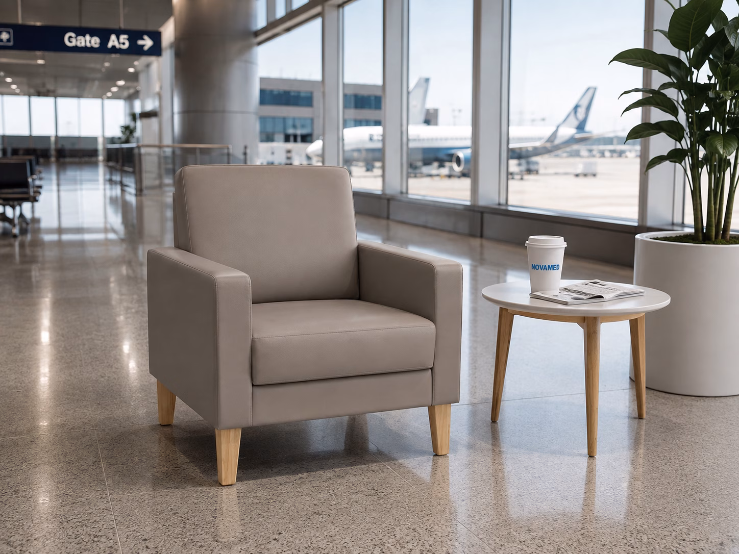 Novamed lounge chair beside an airport gate in a room concept