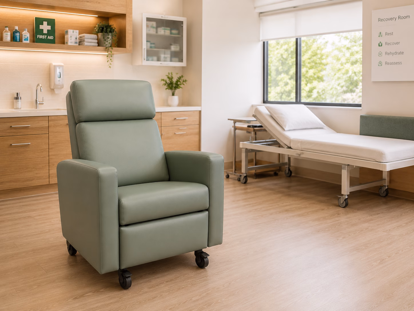 Green breastfeeding chair in a first aid room concept
