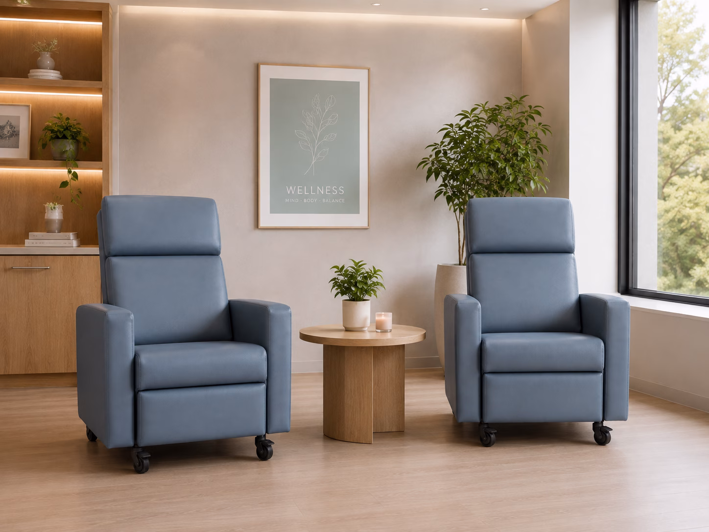 Two blue breastfeeding chairs in a parent room concept