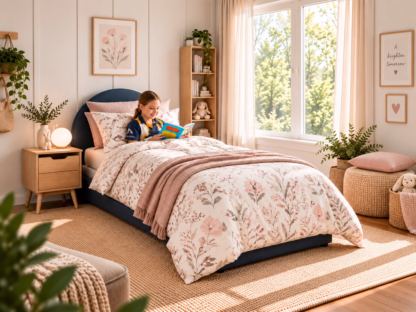 Child reading in a navy upholstered Novacustom bed in a bedroom setting