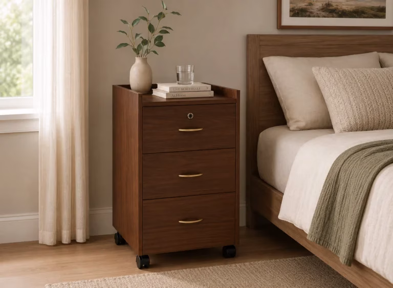 Timber bedside storage unit with three drawers and castors in a bedroom concept