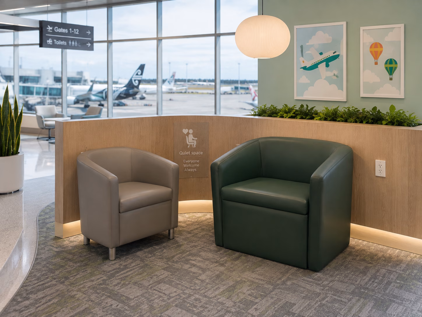 Standard and wider tub chairs in an airport quiet-space concept