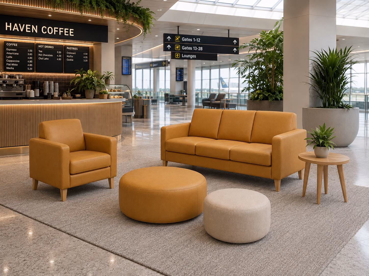 Mustard lounge seating and ottomans in an airport cafe concept