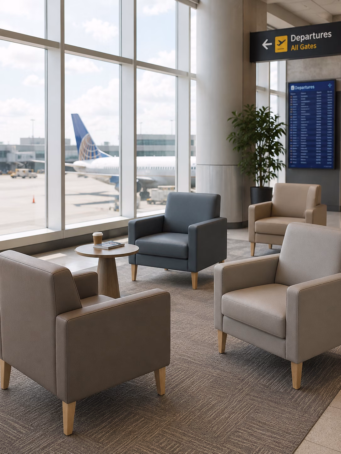 Lounge chairs beside airport gates in a waiting-area concept