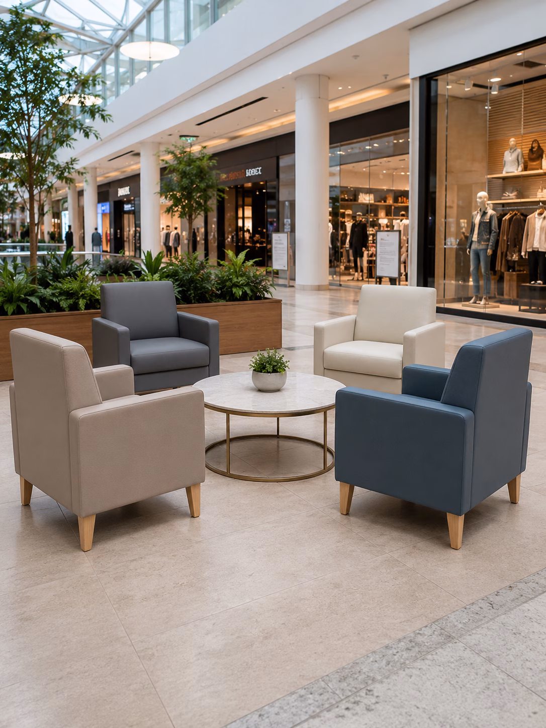 Lounge chairs around a table in a shopping-centre concept