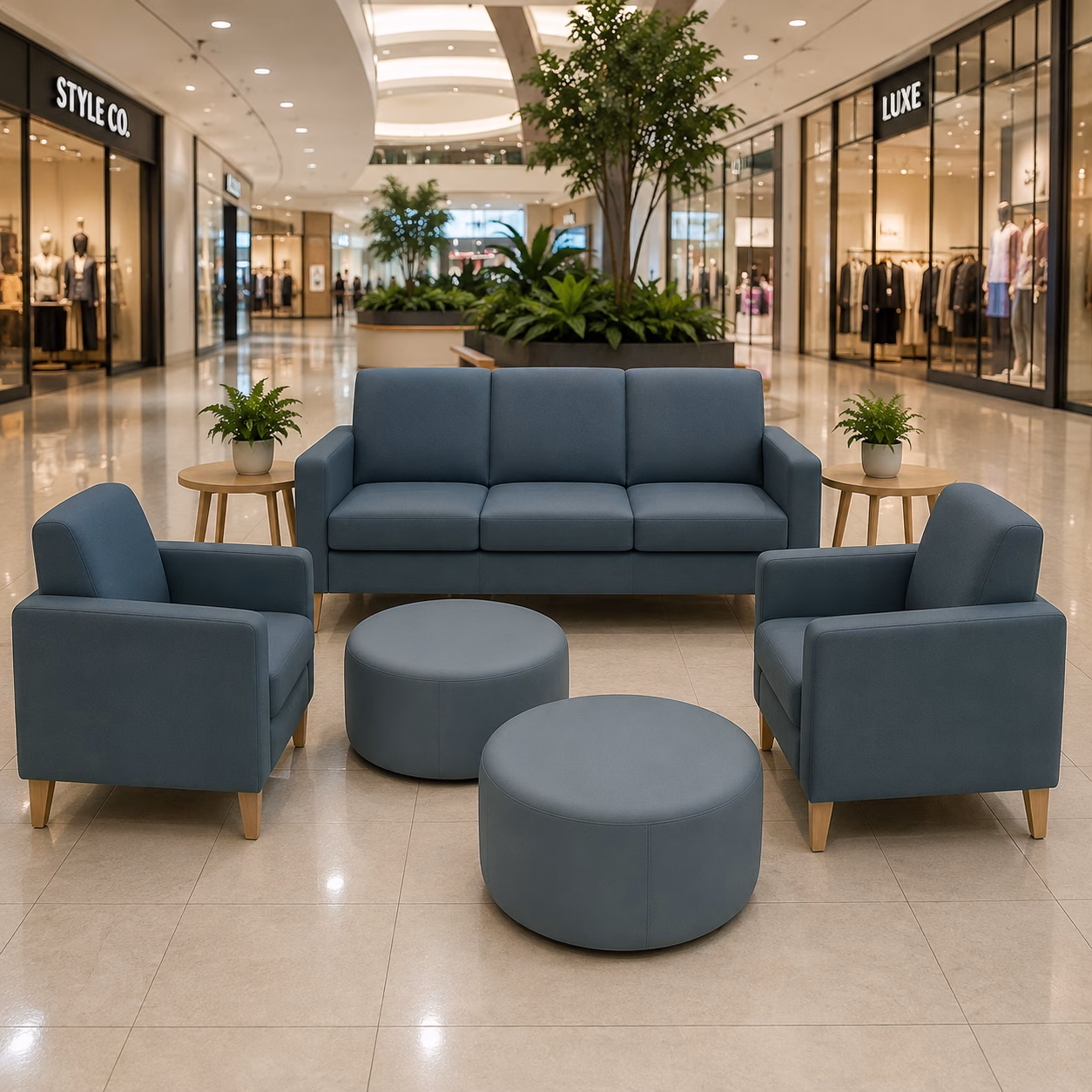 Blue sofa, chairs and ottomans in a shopping-centre concept