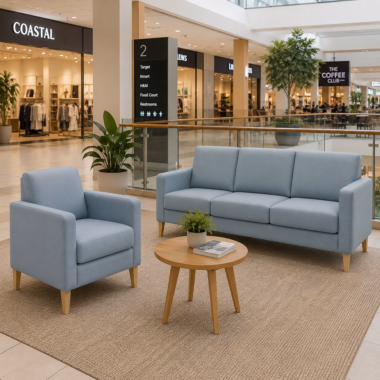 Blue sofa and chair in a shopping-centre seating concept