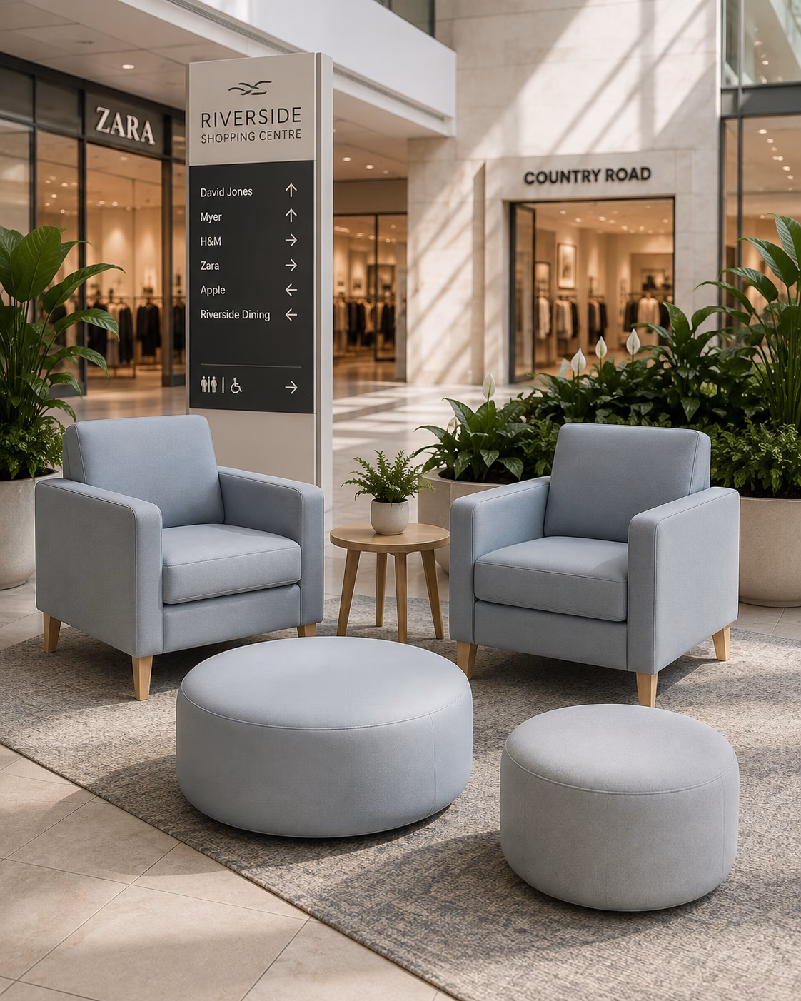 Grey lounge chairs and round ottomans in a shopping-centre concept