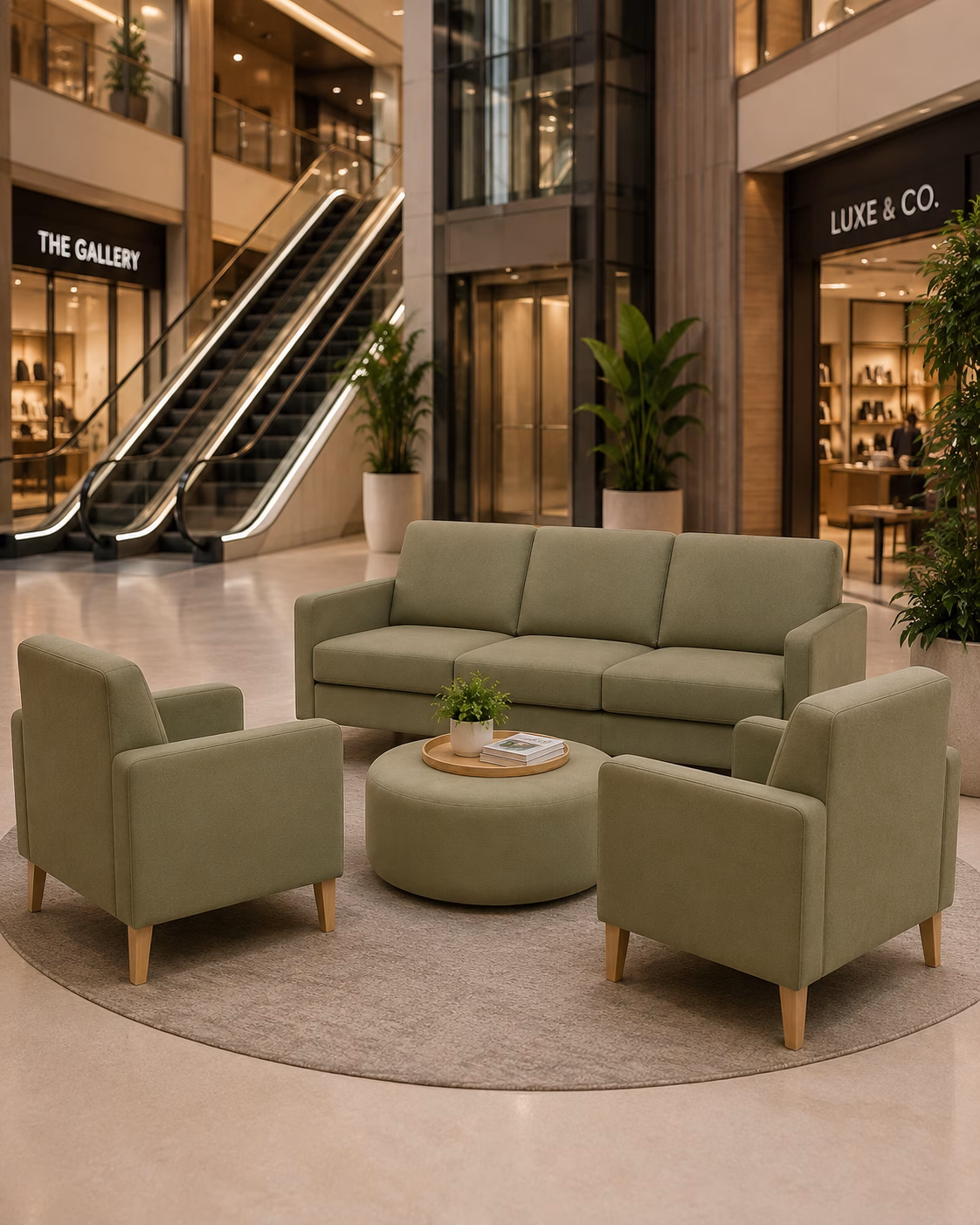 Green lounge seating and ottomans beside shopping-centre escalators