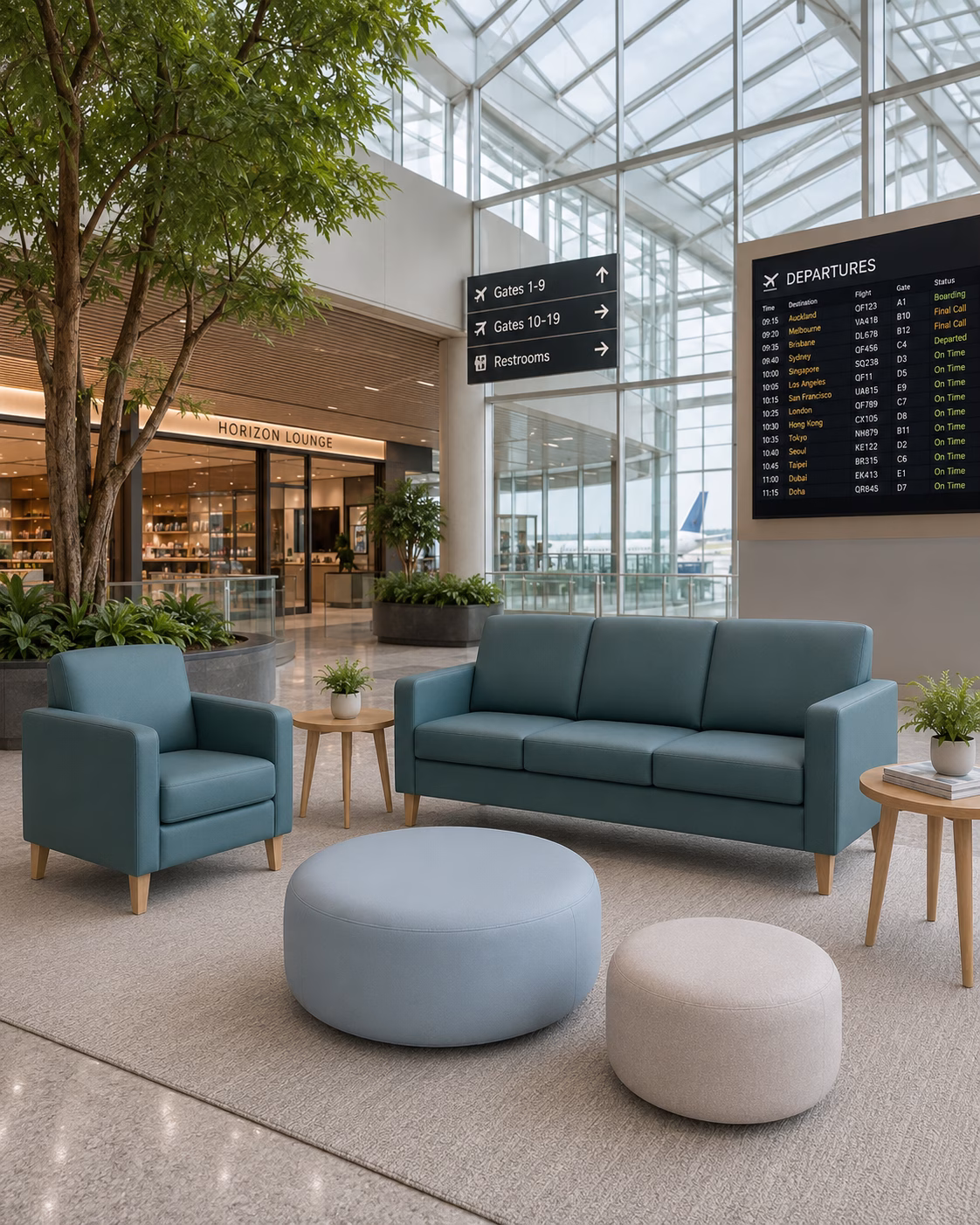 Blue lounge seating and round ottomans in an airport concept