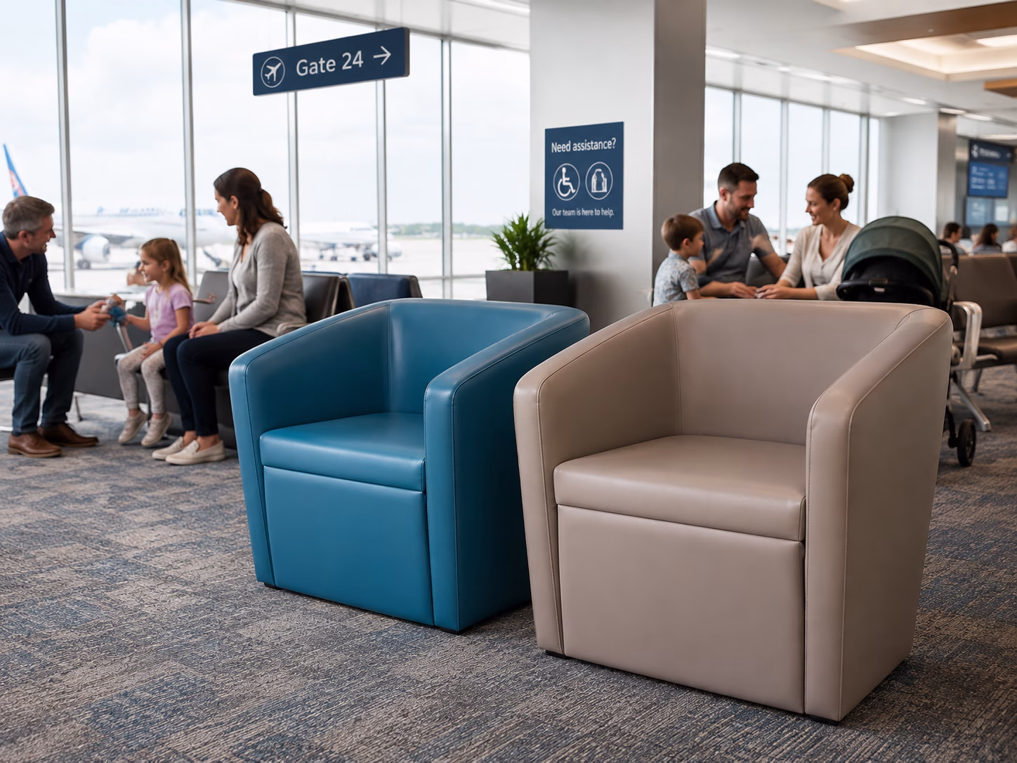 Airport waiting-area concept with blue and taupe tub chairs