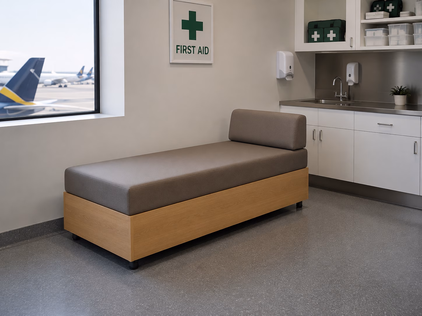 First aid room concept with an upholstered day bed