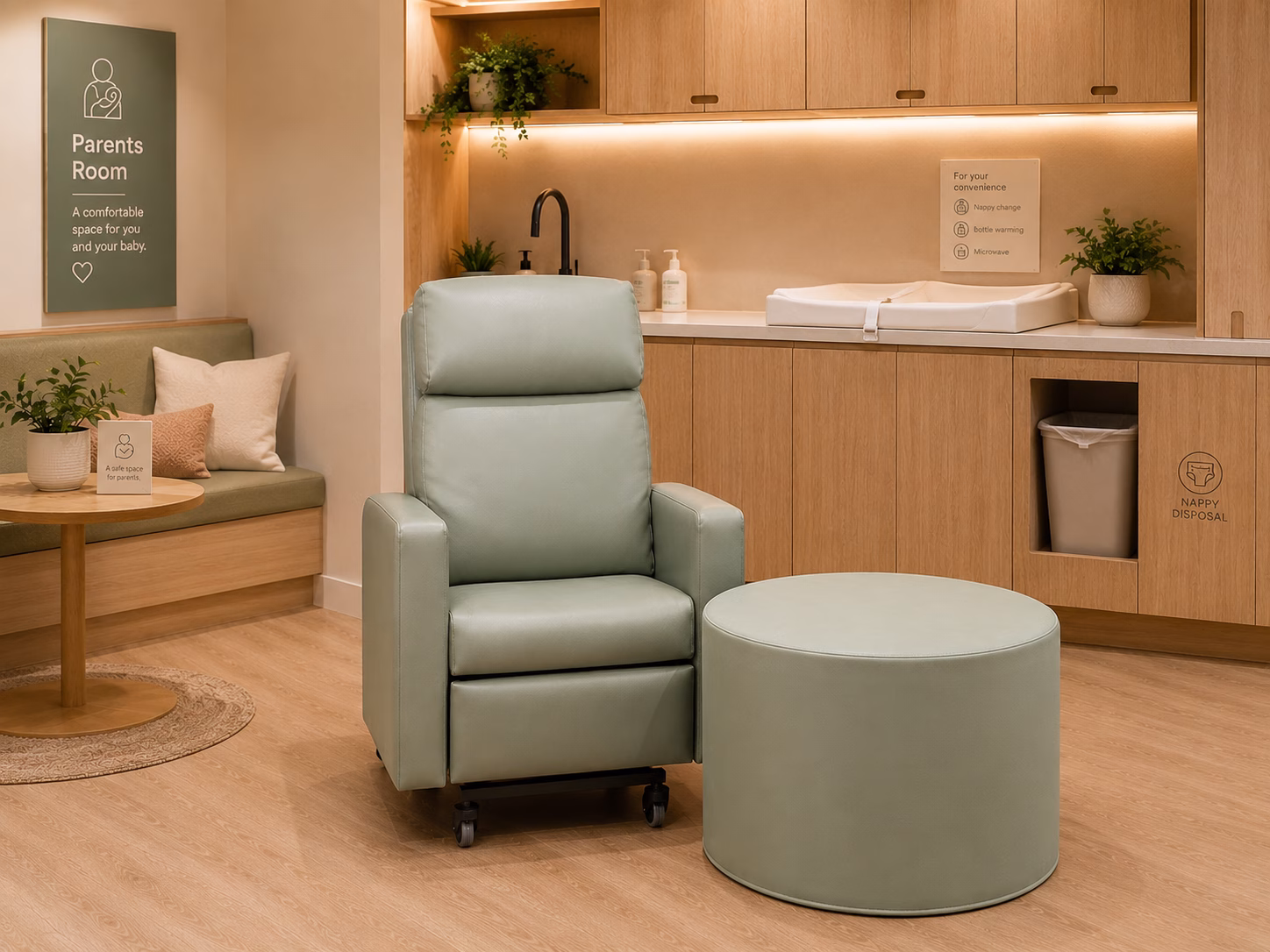 Parent room concept with a reclining chair and ottoman