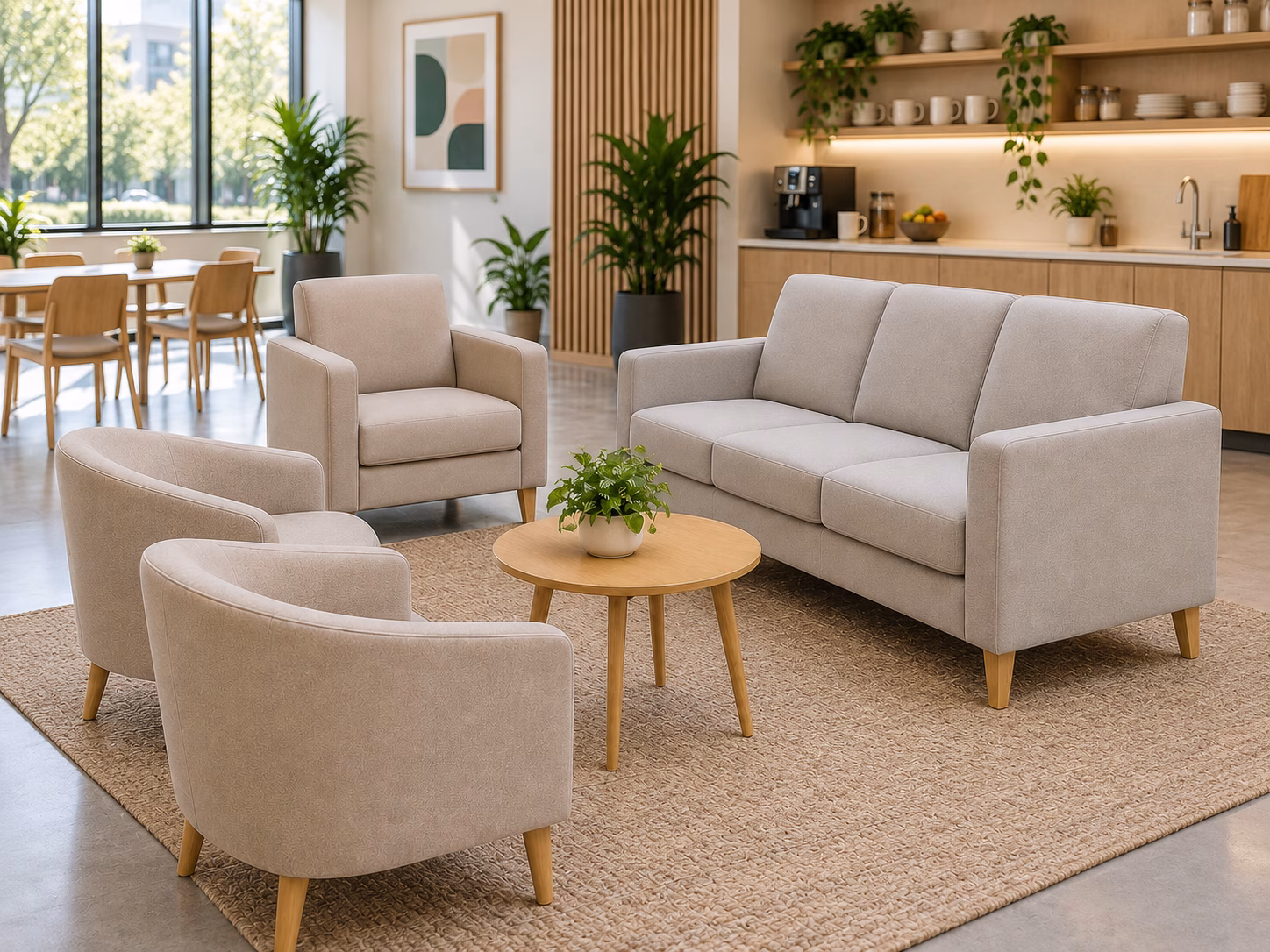 Staff room concept with lounge seating beside a kitchenette
