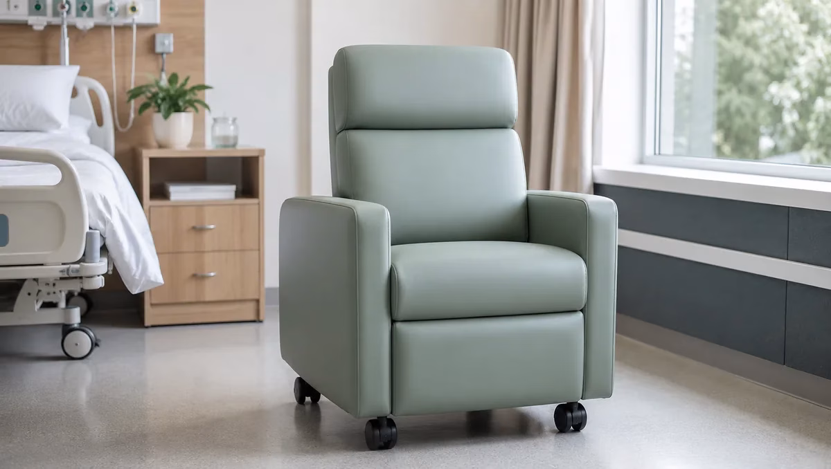 Sage green Novamed Patient Recliner Chair on castors in a hospital patient room